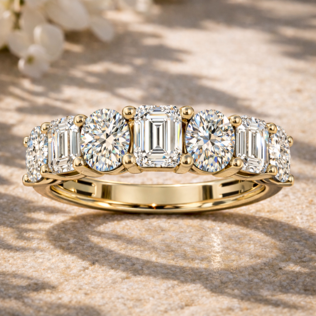 7-Stone Oval & Emerald Diamond Wedding Band (Yellow Gold)