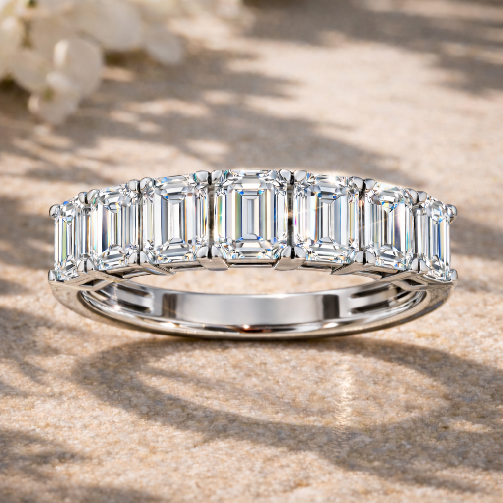 7-Stone Emerald Diamond Wedding Band (White Gold)