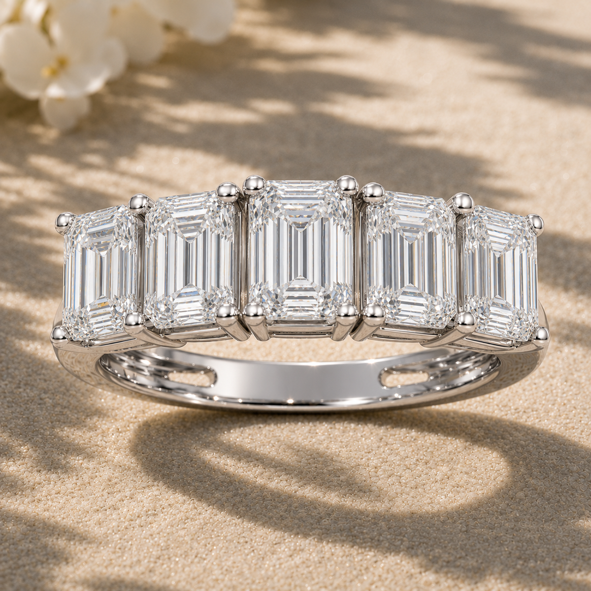 5-Stone Emerald Diamond Wedding Band (White Gold)