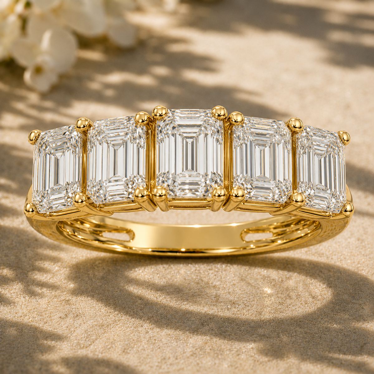 5-Stone Emerald Diamond Wedding Band (Yellow Gold)