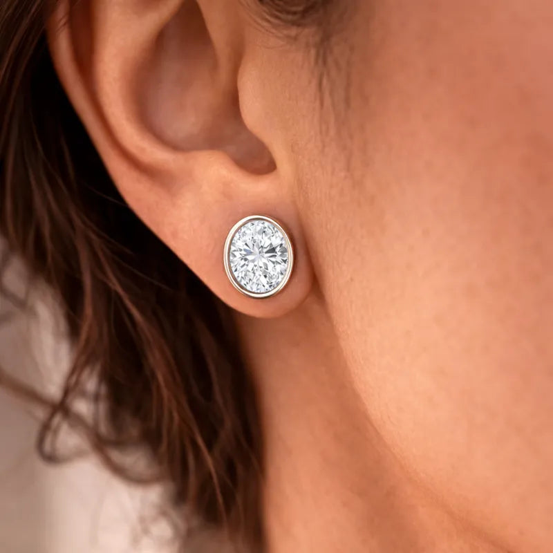 Oval Bezel Diamond Stud Earrings (White Gold)