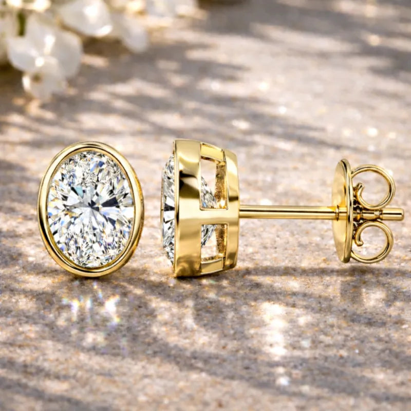 Oval Bezel Diamond Stud Earrings (Yellow Gold)