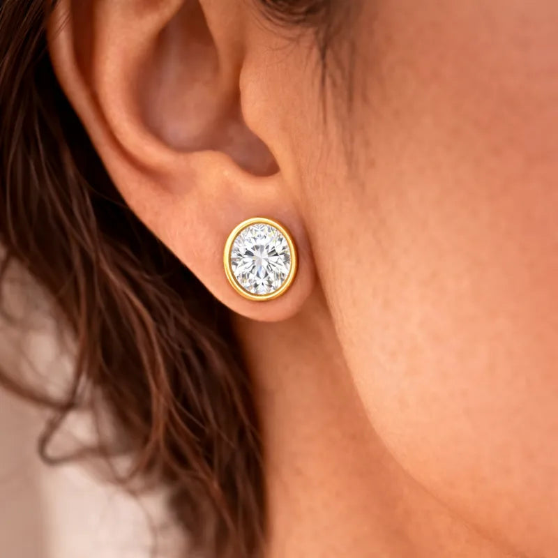 Oval Bezel Diamond Stud Earrings (Yellow Gold)